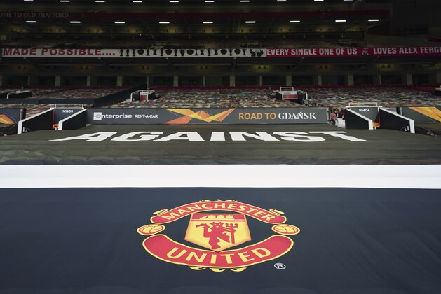A general view of the Old Trafford stadium before the Europa League semi final, first leg soccer match between Manchester United and Roma in Manchester, England, Thursday, April 29, 2021. (AP Photo/Jon Super)