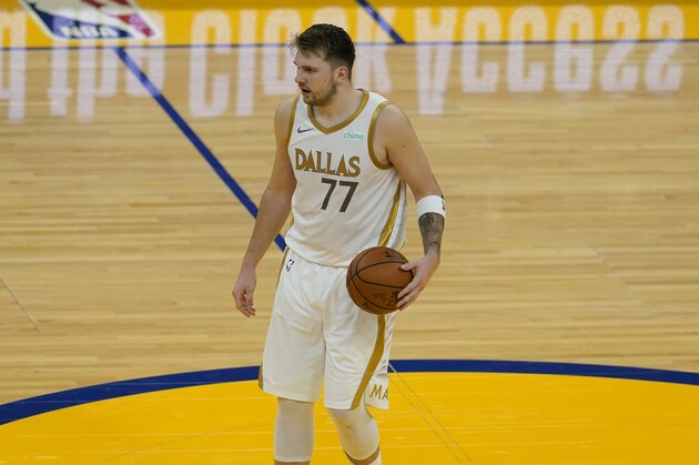 Dallas Mavericks guard Luka Doncic against the Golden State Warriors during an NBA basketball game in San Francisco, Tuesday, April 27, 2021. (AP Photo/Jeff Chiu)