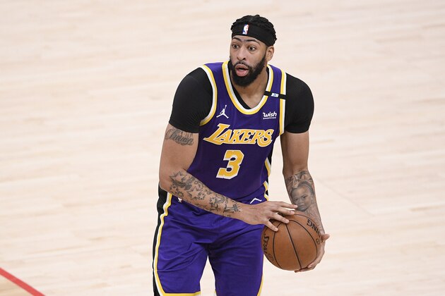 Los Angeles Lakers forward Anthony Davis (3) in action during the second half of an NBA basketball game against the Washington Wizards, Wednesday, April 28, 2021, in Washington. (AP Photo/Nick Wass)