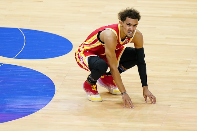 Atlanta Hawks' Trae Young plays during an NBA basketball game against the Philadelphia 76ers, Friday, April 30, 2021, in Philadelphia. (AP Photo/Matt Slocum)
