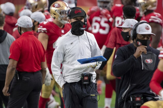 San Francisco 49ers head coach Kyle Shanahan looks on during an NFL football game against the Washington Football Team, Sunday, Dec. 13, 2020, in Glendale, Ariz. (AP Photo/Jennifer Stewart)