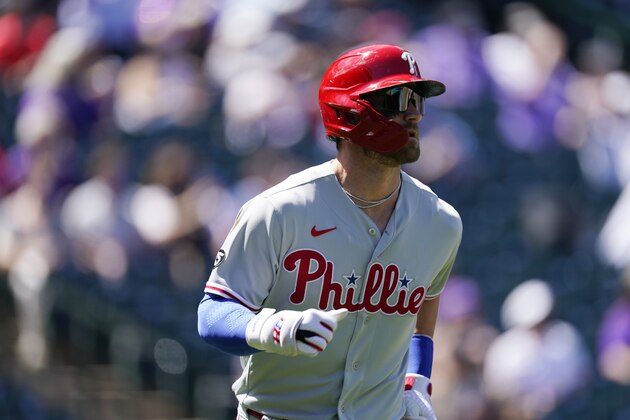 Philadelphia Phillies right fielder Bryce Harper (3) in the first inning of a baseball game Sunday, April 25, 2021, in Denver. (AP Photo/David Zalubowski)