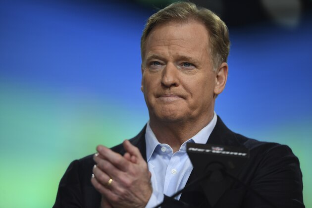 NFL Commissioner Roger Goodell announces the start of the second round of the NFL football draft, Friday, April 30, 2021, in Cleveland. (AP Photo/David Dermer)