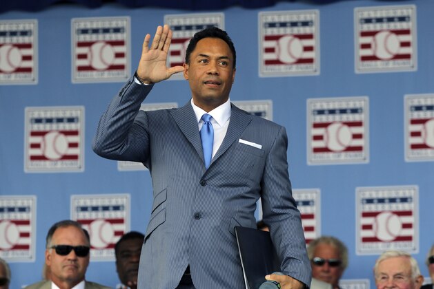 Hall of Famer Roberto Alomar during the Baseball Hall of Fame induction ceremony in Cooperstown, N.Y., on Sunday, July 24, 2011.  (AP Photo/Mike Groll)
