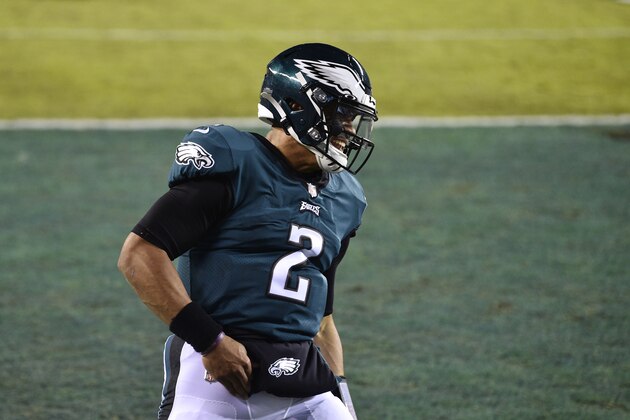 Philadelphia Eagles' Jalen Hurts celebrates after scoring a touchdown during the first half of an NFL football game against the Washington Football Team, Sunday, Jan. 3, 2021, in Philadelphia. (AP Photo/Derik Hamilton)