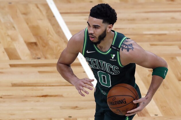 Boston Celtics' Jayson Tatum plays against the Portland Trail Blazers during the first half of an NBA basketball game, Sunday, May 2, 2021, in Boston. (AP Photo/Michael Dwyer)
