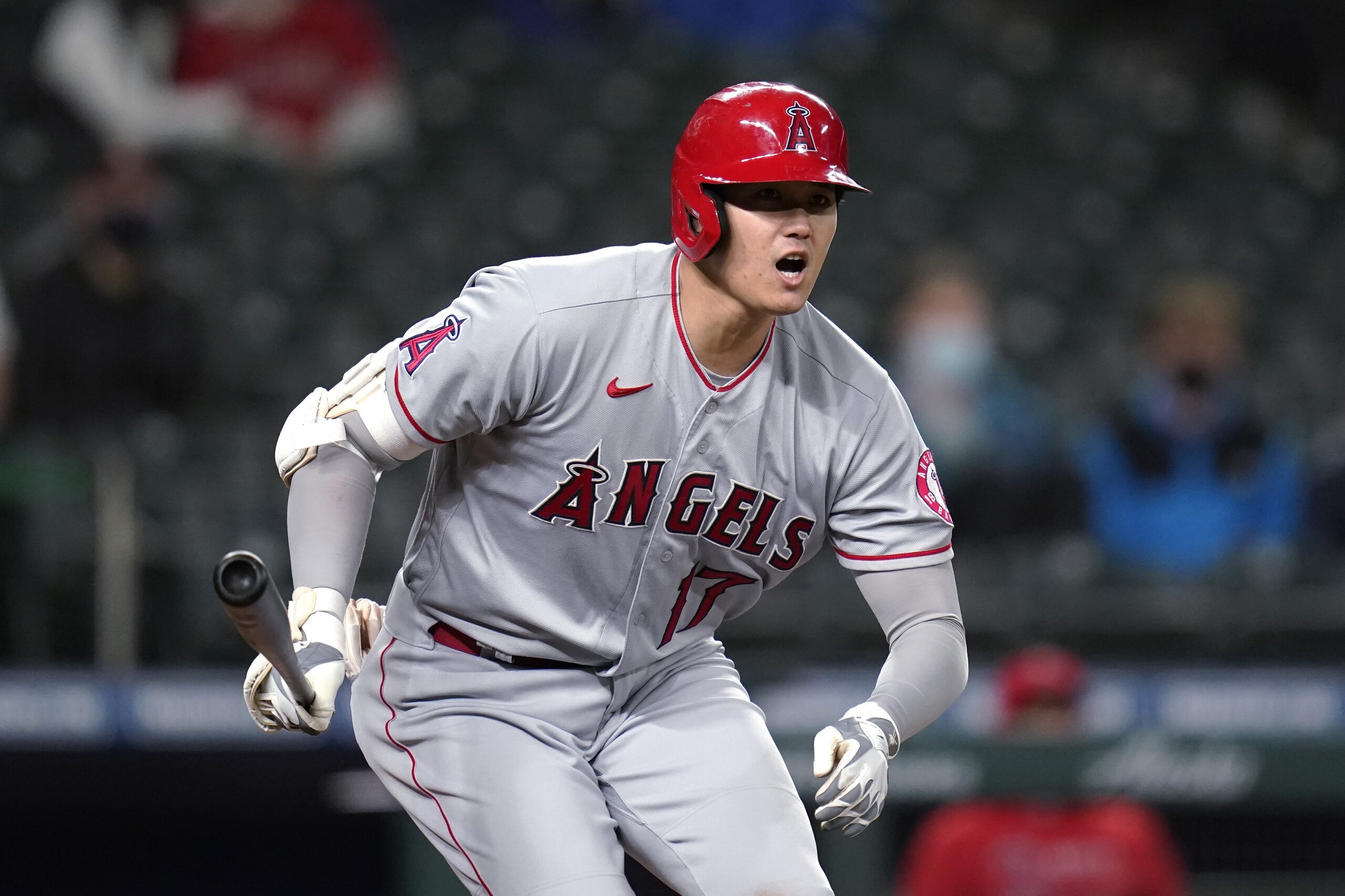 Los Angeles Angels' Shohei Ohtani reacts after fouling off a pitch during the ninth inning of the team's baseball game against the Seattle Mariners on Saturday, May 1, 2021, in Seattle. Ohtani lined out on the at-bat. The Angels won 10-5. (AP Photo/Elaine Thompson) Los Angeles Angels' Shohei Ohtani reacts after fouling off a pitch during the ninth inning of the team's baseball game against the Seattle Mariners on Saturday, May 1, 2021, in Seattle. Ohtani lined out on the at-bat. The Angels won 10-5. (AP Photo/Elaine Thompson)