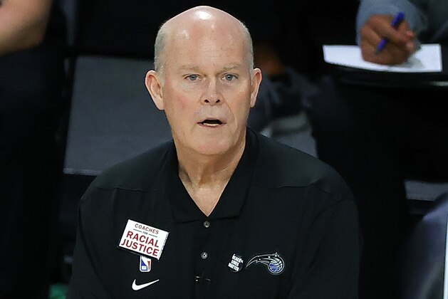 Orlando Magic head coach Steve Clifford looks on during an NBA basketball game against the Philadelphia 76ers during the first quarter Friday, Aug. 7, 2020, in Lake Buena Vista, Fla. (Kevin C. Cox/Pool Photo via AP)