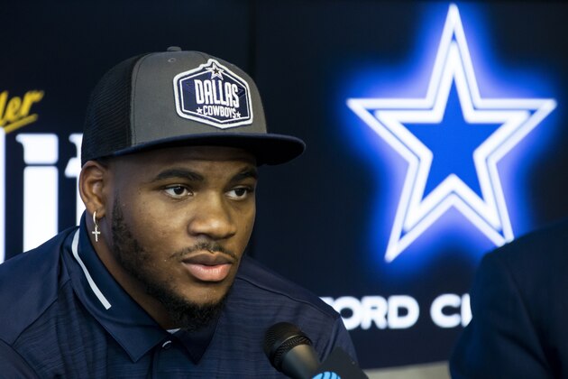 Dallas Cowboys first-round draft pick linebacker Micah Parsons speaks to the media at the Dallas Cowboys headquarters, Friday, April 30, 2021, in Frisco, Texas. (AP Photo/Brandon Wade)