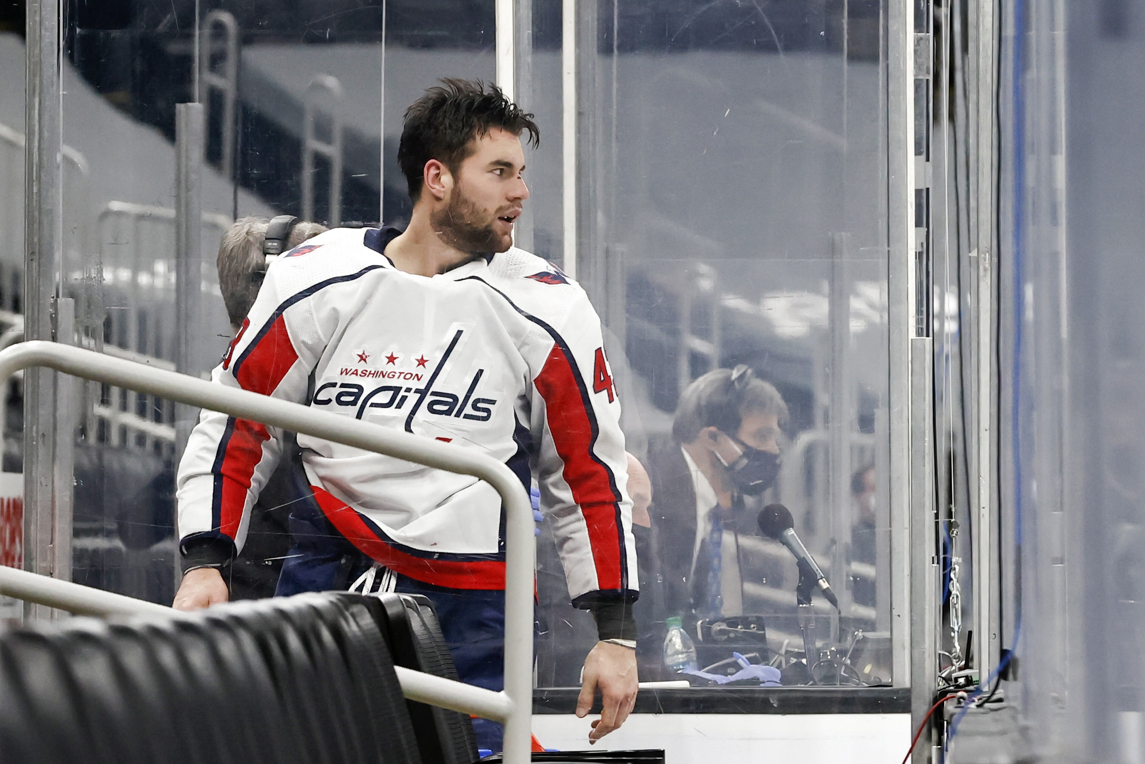 Washington Capitals' Tom Wilson (43) yells at the New York Rangers bench after taking a second-period penalty during an NHL hockey game Monday, May 3, 2021, in New York. (Bruce Bennett/Pool Photo via AP)
