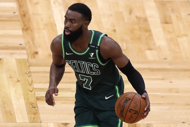 Boston Celtics' Jaylen Brown plays against the Portland Trail Blazers during the first half of an NBA basketball game, Sunday, May 2, 2021, in Boston. (AP Photo/Michael Dwyer)