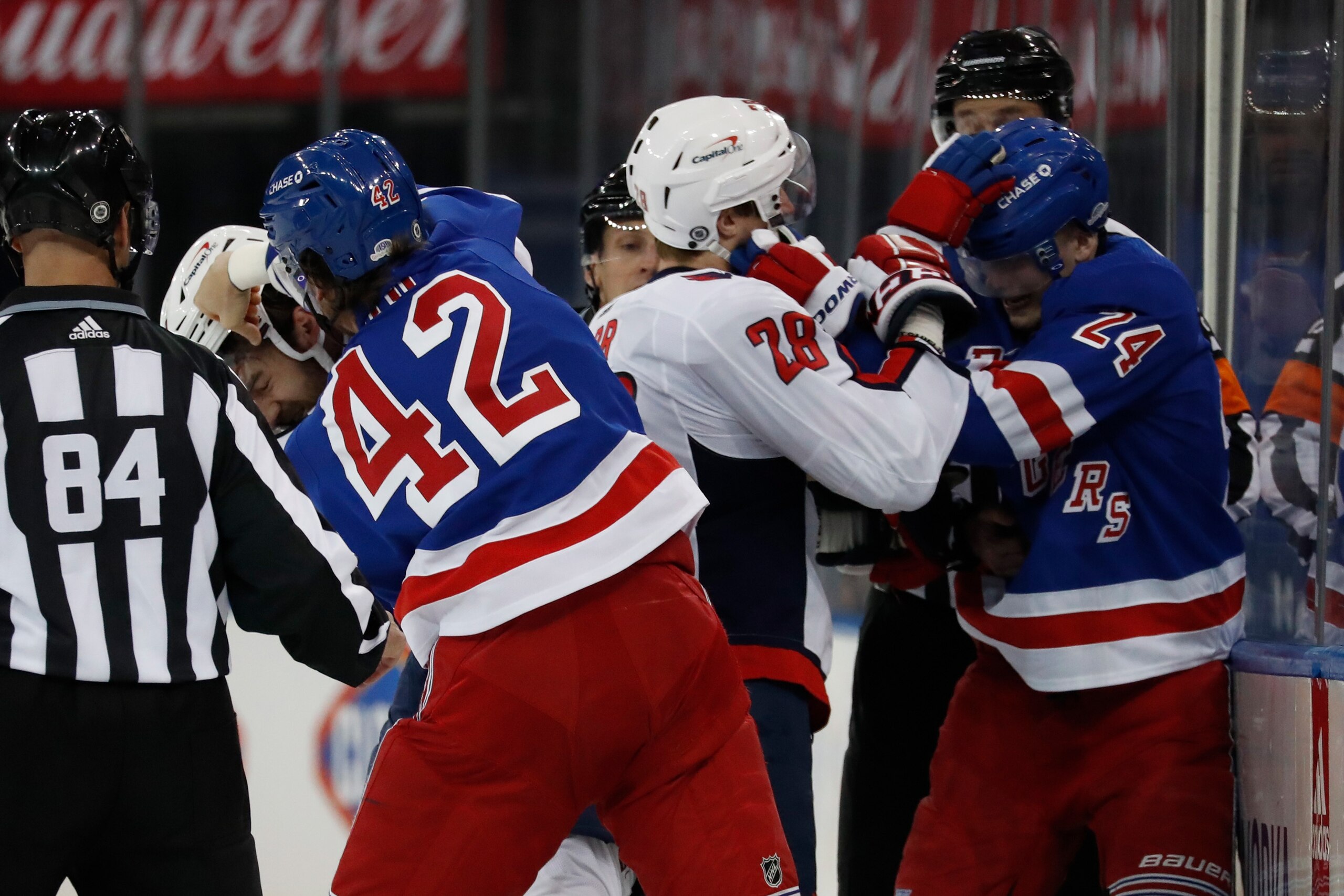 Washington Capitals and New York Rangers fight in the opening seconds of an NHL hockey game Wednesday, May 5, 2021, in New York. (Bruce Bennett/Pool Photo via AP) Washington Capitals and New York Rangers fight in the opening seconds of an NHL hockey game Wednesday, May 5, 2021, in New York. (Bruce Bennett/Pool Photo via AP)