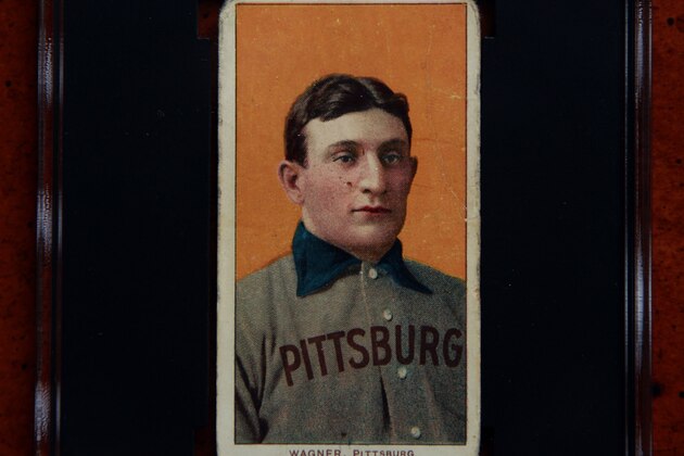 A 1909 Honus Wagner baseball card, one of the most sought-after sports collectibles in the world, is seen in a protective case Monday, March 26, 2012, in Sunset Hills, Mo. Bill Goodwin, who will facilitate an online auction starting on Tuesday for the card, expects it to fetch at least $1 million and perhaps as much as $1.5 million. (AP Photo/Jeff Roberson)