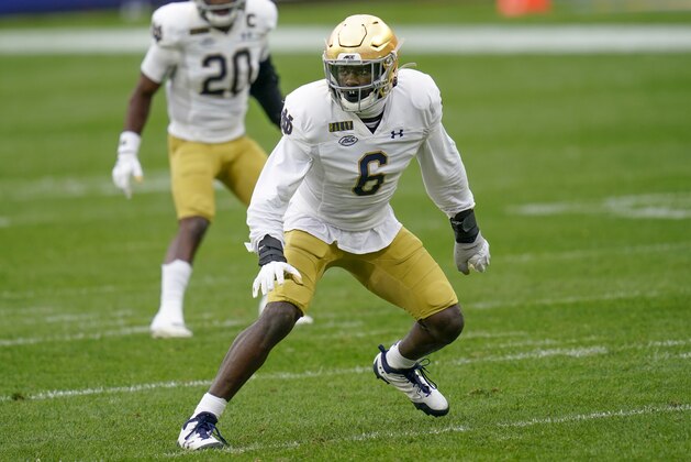 Notre Dame linebacker Jeremiah Owusu-Koramoah (6) plays against Pittsburgh during the first half of an NCAA college football game against Pittsburgh, Saturday, Oct. 24, 2020, in Pittsburgh. (AP Photo/Keith Srakocic)