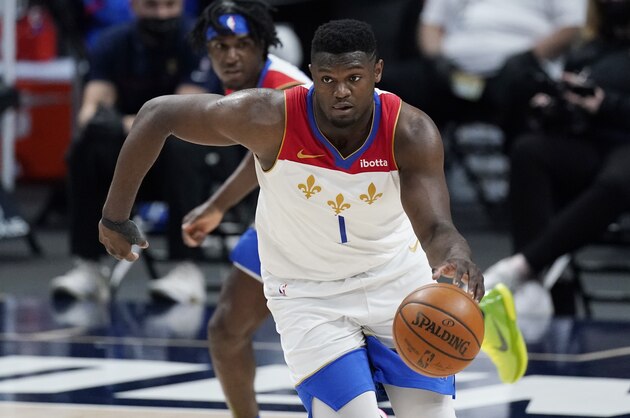 New Orleans Pelicans forward Zion Williamson (1) in the second half of an NBA basketball game Wednesday, April 28, 2021, in Denver. The Nuggets held on to win 114-112. (AP Photo/David Zalubowski)