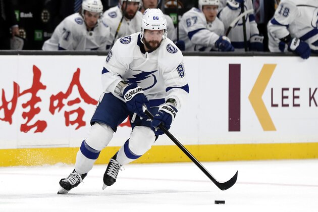 Tampa Bay Lightning's Nikita Kucherov during the first period of an NHL hockey game against the Boston Bruins Saturday, March 7, 2020, in Boston. (AP Photo/Winslow Townson)