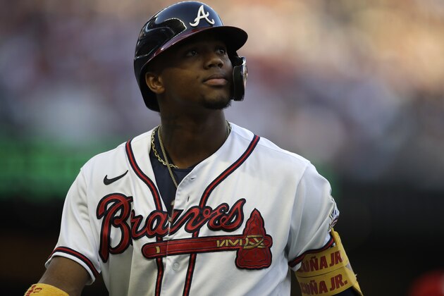 Atlanta Braves' Ronald Acuna Jr. during a baseball game against the Philadelphia Phillies Saturday, May 8, 2021, in Atlanta. (AP Photo/Ben Margot)