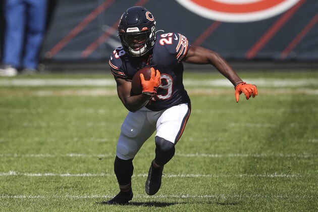 Chicago Bears running back Tarik Cohen (29) rushes with the ball against the New York Giants during the first half of an NFL football game, Sunday, Sept. 20, 2020, in Chicago. (AP Photo/Kamil Krzaczynski)