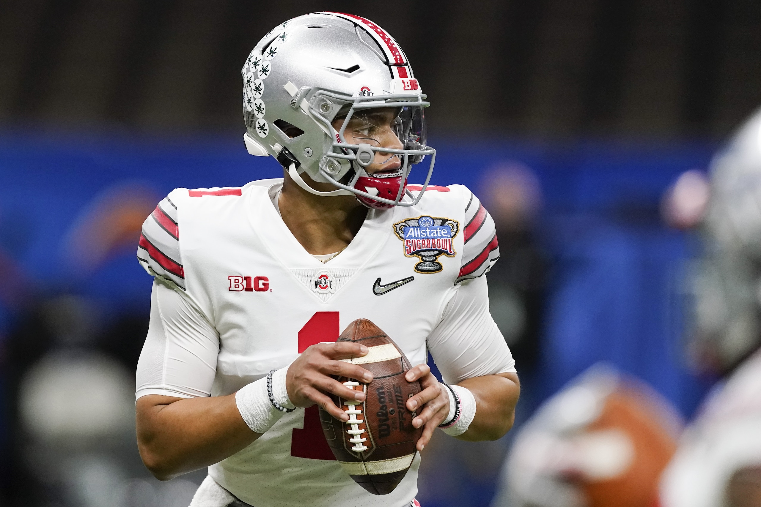 Ohio State quarterback Justin Fields warms up before the Sugar Bowl NCAA college football game against Clemson Friday, Jan. 1, 2021, in New Orleans. (AP Photo/John Bazemore)