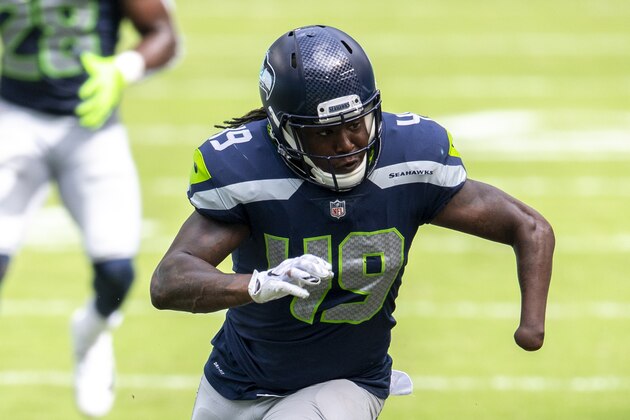 Seattle Seahawks linebacker Shaquem Griffin (49) in action against the Miami Dolphins during an NFL football game, Sunday, Oct. 4, 2020, in Miami Gardens, Fla. (AP Photo/Doug Murray)