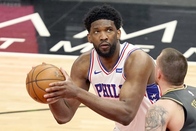 Philadelphia 76ers' Joel Embiid looks to shoot during the second half of an NBA basketball game against the Chicago Bulls Monday, May 3, 2021, in Chicago. The 76ers won 106-94. (AP Photo/Charles Rex Arbogast)