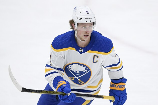 Buffalo Sabres center Jack Eichel (9) skates during the third period of an NHL hockey game against the Washington Capitals, Thursday, Feb. 18, 2021, in Washington. The Capitals won 3-1. (AP Photo/Nick Wass)