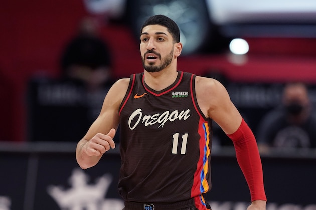 Portland Trail Blazers center Enes Kanter plays during the second half of an NBA basketball game, Wednesday, March 31, 2021, in Detroit. (AP Photo/Carlos Osorio)