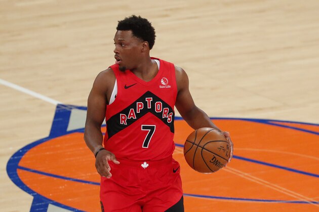 Toronto Raptors guard Kyle Lowry (7) dribbles the ball against the New York Knicks during the first half of an NBA basketball game Saturday, April 24,2021, in New York. (AP Photo/Noah K. Murray,Pool)