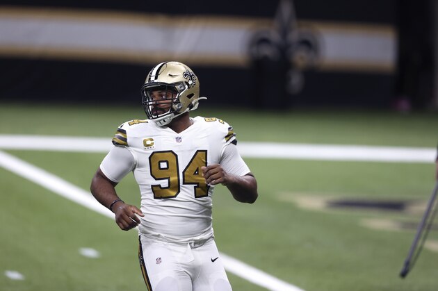 New Orleans Saints defensive end Cameron Jordan (94) warms up before an NFL football game against the Minnesota Vikings in New Orleans, Friday, Dec. 25, 2020. (AP Photo/Butch Dill)