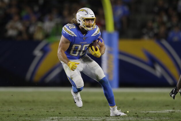 Los Angeles Chargers tight end Sean Culkin during the second half of a preseason NFL football game against the Seattle Seahawks Saturday, Aug. 24, 2019, in Carson, Calif. (AP Photo/Gregory Bull)