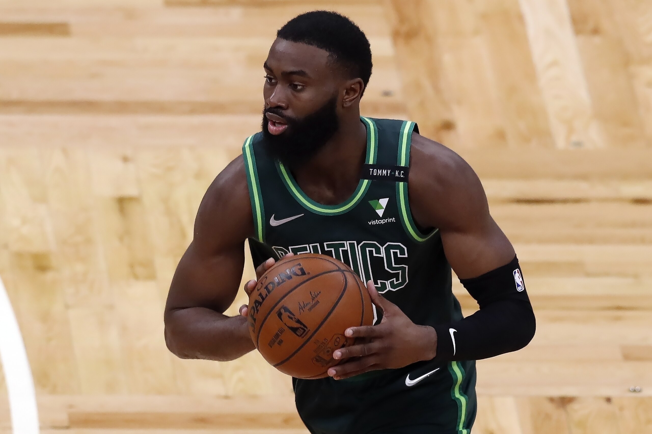 Boston Celtics' Jaylen Brown plays against the Portland Trail Blazers during the first half of an NBA basketball game, Sunday, May 2, 2021, in Boston. (AP Photo/Michael Dwyer)