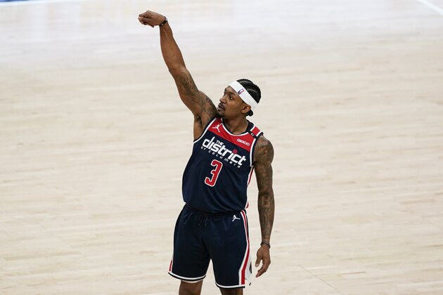 Washington Wizards guard Bradley Beal (3) watches his three-point shot during the first half of a basketball game against the Indiana Pacers, Monday, May 3, 2021, in Washington. (AP Photo/Alex Brandon)