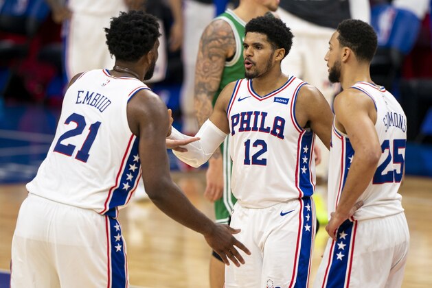 Philadelphia 76ers center Joel Embiid, left, celebrates with forward Tobias Harris, center, and guard Ben Simmons, right, following the team's NBA basketball game against the Boston Celtics, Wednesday, Jan. 20, 2021, in Philadelphia. (AP Photo/Chris Szagola)