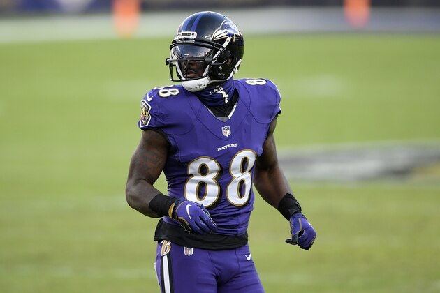 Baltimore Ravens wide receiver Dez Bryant (88) lines up during the second half of an NFL football game against the New York Giants, Sunday, Dec. 27, 2020, in Baltimore. (AP Photo/Nick Wass)