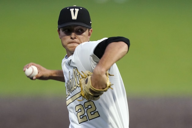 Vanderbilt pitcher Jack Leiter throws against Mississippi State in an NCAA college baseball game Saturday, April 24, 2021, in Nashville, Tenn. (AP Photo/Mark Humphrey)