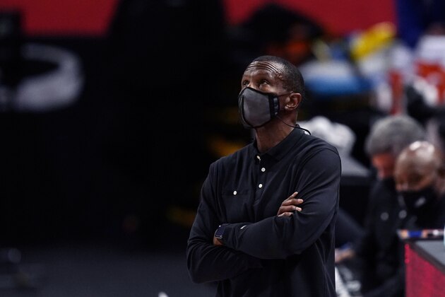 Detroit Pistons head coach Dwane Casey watches from the sideline during the second half of an NBA basketball game against the Philadelphia 76ers, Monday, Jan. 25, 2021, in Detroit. (AP Photo/Carlos Osorio)