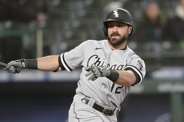 Chicago White Sox's Adam Eaton in action against the Seattle Mariners in a baseball game, Wednesday, April 7, 2021, in Seattle. (AP Photo/Ted S. Warren)