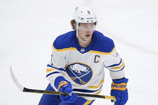 Buffalo Sabres center Jack Eichel (9) skates during the third period of an NHL hockey game against the Washington Capitals, Thursday, Feb. 18, 2021, in Washington. The Capitals won 3-1. (AP Photo/Nick Wass)