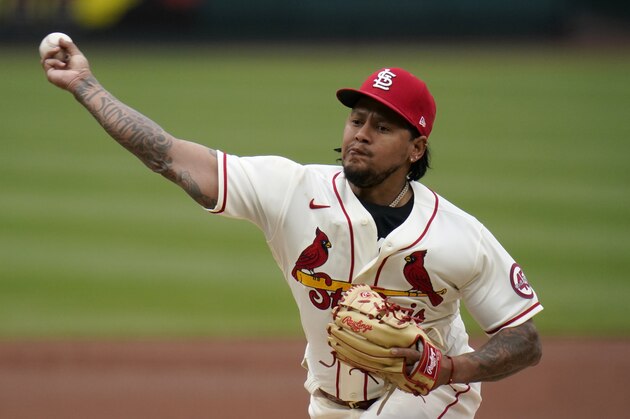 St. Louis Cardinals starting pitcher Carlos Martinez throws during the first inning of a baseball game against the Colorado Rockies Saturday, May 8, 2021, in St. Louis. (AP Photo/Jeff Roberson)