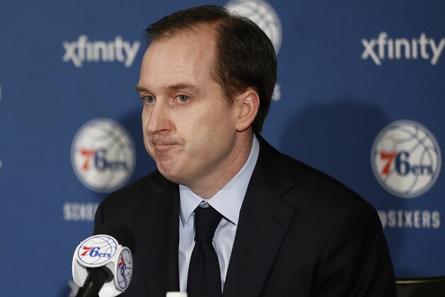 FILE - In this Dec. 11, 2015, file photo, Philadelphia 76ers general manager Sam Hinkie speaks at a news conference before an NBA basketball game against the Detroit Pistons in Philadelphia. Hinkie resigned Wednesday night, April 6, 2016. (AP Photo/Matt Slocum, File)