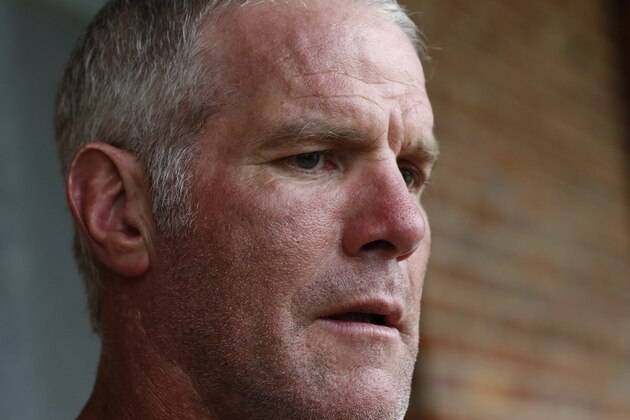 NFL Hall of Fame quarterback Brett Favre speaks with reporters about his support for Willowood Developmental Center, a facility that provides training and assistance for special needs students, Wednesday, Oct. 17, 2018 in Jackson, Miss. Favre, whose mother has a degree in special education, said he is a few hours short of graduating from Southern Mississippi and is being encouraged by his mother to obtain his degree. (AP Photo/Rogelio V. Solis)