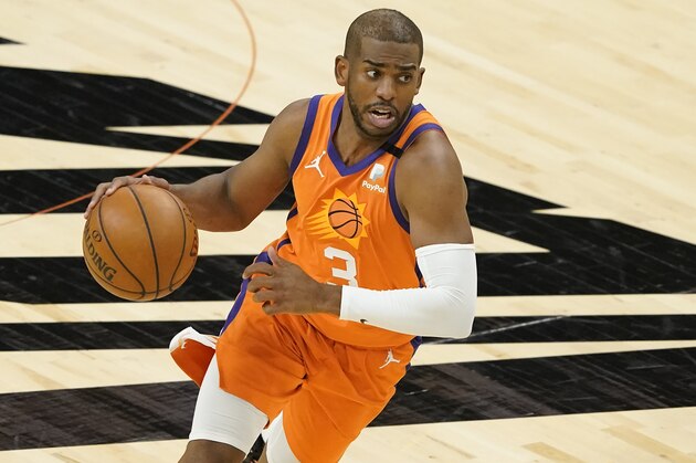 Phoenix Suns guard Chris Paul (3) against the Utah Jazz during the second half of an NBA basketball game, Friday, April 30, 2021, in Phoenix. (AP Photo/Matt York)