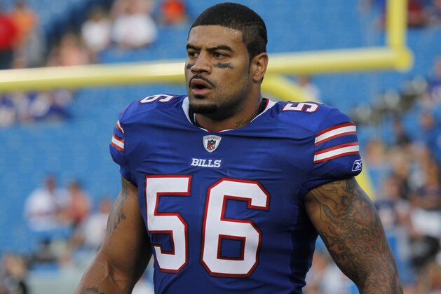 Buffalo Bills' Shawne Merriman (56) before the start of an NFL preseason football game against the Detroit Lions in Orchard Park, N.Y., Thursday, Sept. 1, 2011. (AP Photo/Derek Gee)