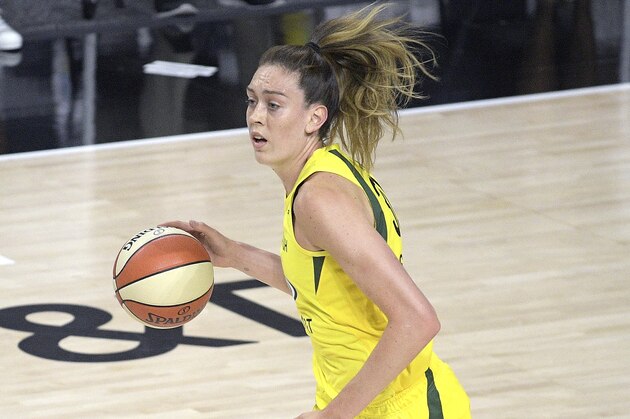 Seattle Storm forward Breanna Stewart brings a ball up the court during the first half of a WNBA basketball game against the New York Liberty, Saturday, July 25, 2020, in Bradenton, Fla. (AP Photo/Phelan M. Ebenhack)