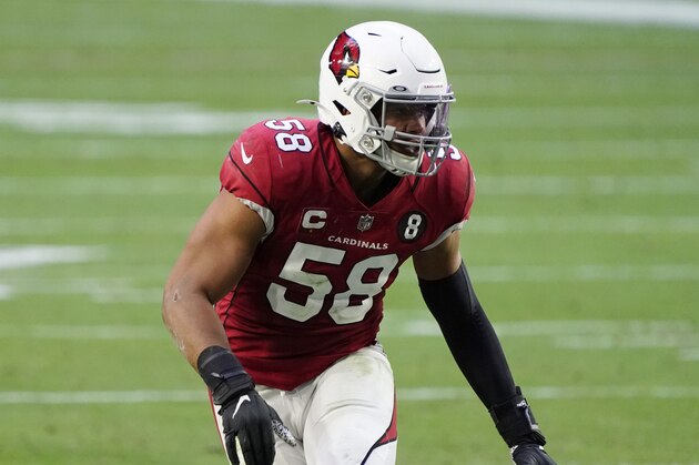 Arizona Cardinals middle linebacker Jordan Hicks (58) during the first half of an NFL football game against the San Francisco 49ers, Saturday, Dec. 26, 2020, in Glendale, Ariz. (AP Photo/Rick Scuteri)