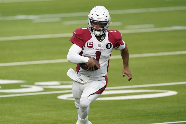 Arizona Cardinals quarterback Kyler Murray (1) runs against the Los Angeles Rams during the first half of an NFL football game in Inglewood, Calif., Sunday, Jan. 3, 2021. (AP Photo/Ashley Landis)