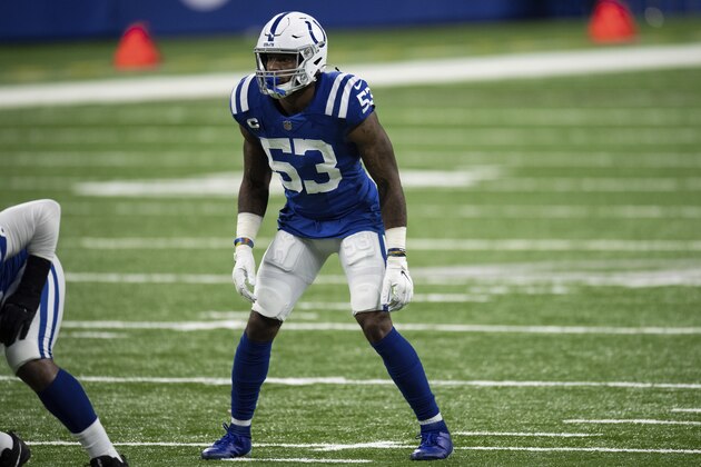 Indianapolis Colts linebacker Darius Leonard (53) lines up on defense during an NFL football game against the Jacksonville Jaguars on Sunday, Jan. 3, 2021, in Indianapolis. (AP Photo/Zach Bolinger)