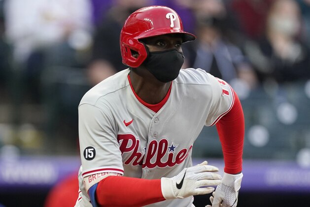 Philadelphia Phillies shortstop Didi Gregorius (18) in the third inning of a baseball game Saturday, April 24, 2021, in Denver. (AP Photo/David Zalubowski)