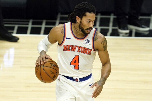 New York Knicks guard Derrick Rose dribbles during an NBA basketball game against the Los Angeles Clippers Sunday, May 9, 2021, in Los Angeles. (AP Photo/Marcio Jose Sanchez)