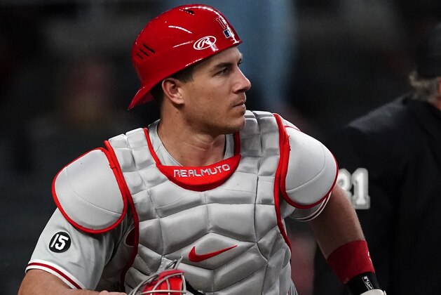 Philadelphia Phillies catcher J.T. Realmuto (10) is shown during a baseball game against the Atlanta Braves Friday, May 7, 2021, in Atlanta. (AP Photo/John Bazemore)
